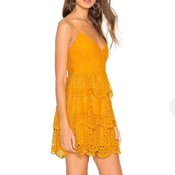NWOT Lovers + Friends Doreen Mini Dress Mustard Embroidered Eyelet Fully Lined - Picture 2 of 15